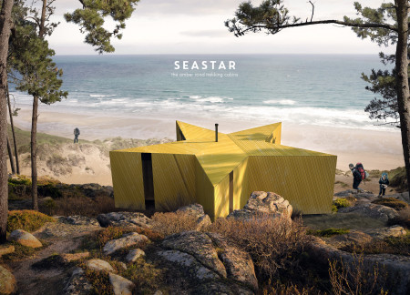 Star-Shaped Cabins Featuring Sustainable Timber Cladding and Communal Spaces Along Coastal Pathways