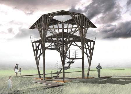 Charred Timber Canopy Elevates Coastal Observation Point with Sustainable Design