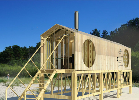 Circular Windows and Elevated Timber Cabins Blending Seamlessly with Coastal Landscapes
