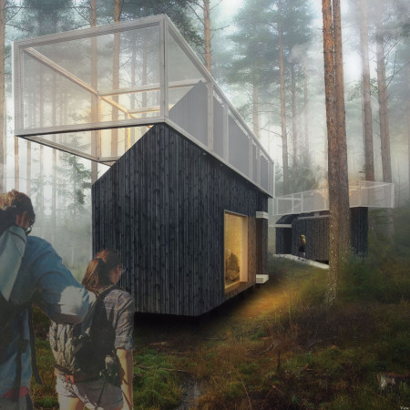 Charred Wood Canopies and Smoked Plywood Cabins Designed for Immersion in Nature
