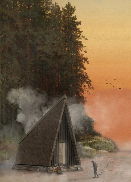 Trekking Cabin Utilizing Cross-Laminated Timber and Charred Wooden Shingles for Sustainable Retreat  