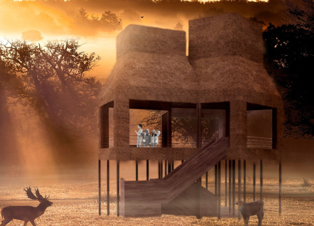 Observation Platform Crafted with Thatch Roof and Grey Weathered Timber for Enhanced Wildlife Interaction