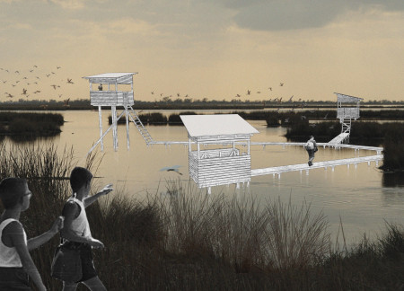 Charred Wooden Shingles and Transparent Views in a Lakeside Bird Observation Structure  