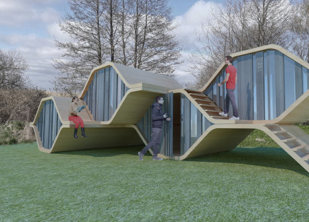Serpentine Structures Crafted From Prefabricated Wood Panels Embracing Solar Energy Integration