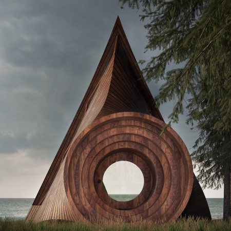Circular Openings and Charred Wooden Shingles in a Timber Retreat Among Nature