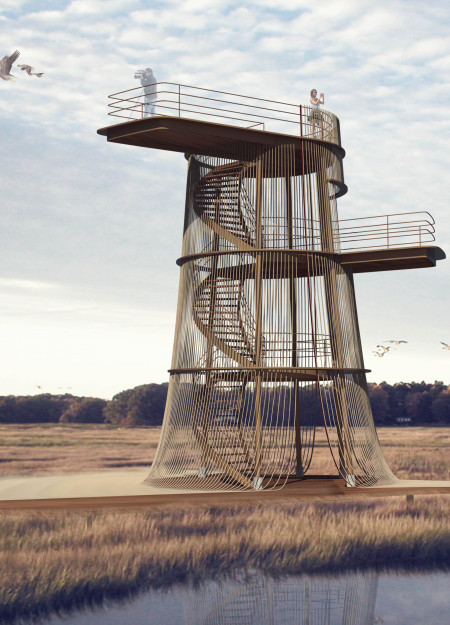 Nest-Like Viewing Tower Crafted with Perforated Steel and Natural Wood Elements