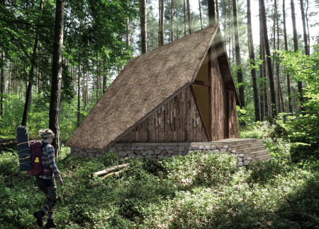 Trekking Cabins Crafted with Cross-Laminated Timber Panels and Charred Wooden Shingles for Sustainable Retreats in the Forest