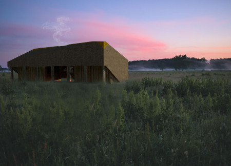 Community-focused retreat featuring reclaimed wood and thatched roofing in a natural setting