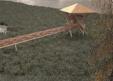 Elevated Structure Featuring Glued-Laminated Timber and Straw-Thatch Roofs for Enhanced Birdwatching Experience