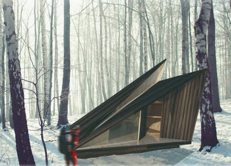Slanted Birch Veneer Shelter Embracing Coastal Retreats