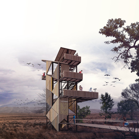 Charred Wooden Shingles and Steel Elevation Offer Elevated Viewpoints in Natural Setting
