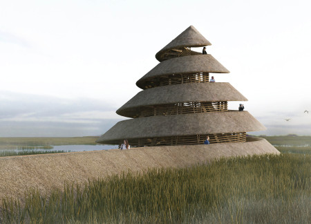 Conical Observation Structure Crafted from Local Reeds and Timber Embracing Wetland Views
