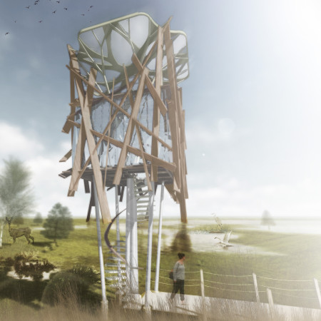 One-Way Glass Observation Tower Constructed with Modular Wood and Steel Framework for Avian Habitat Enhancement