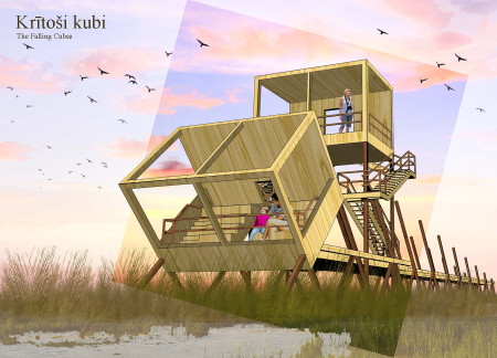 Cubical Observation Space Crafted From Glulam and Pine Overlooking Marshlands