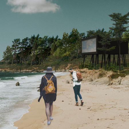 Elevated Watchtower Constructed With Dark Stained Wood Overlooking Scenic Forest And Beach
