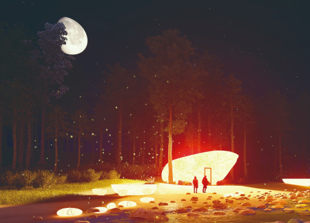 Hiking cabins featuring geodesic structural design with transparent polycarbonate and natural stone elements