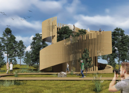 Charred Wooden Shingles and Spiral Design Elevate Nature Observation Tower in a Community Reserve