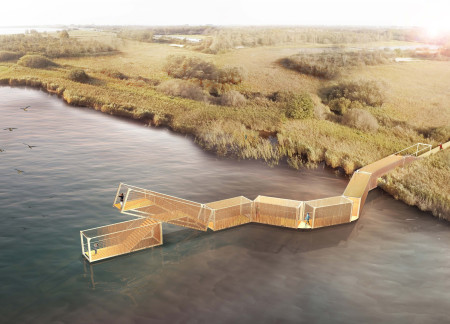 Elevated Platforms Crafted from Shipping Containers with Reed Cladding Overlooking a Coastal Ecosystem