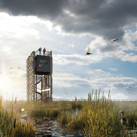Bird Observation Tower Constructed with Cedar Wood and Stainless Steel Emphasizing Ecological Integration and Wildlife Habitat Support