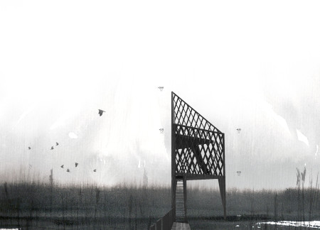 Charred Timber Cladding Enhances Triangular Observation Tower for Bird Watching