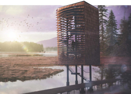 Feathered Facade of Charred Wood Enhanced by Elevated Observation in a Wetland Environment