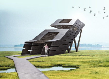 Cantilevered Lookout Crafted From Charred Wood and Sustainable Materials Over Marshland
