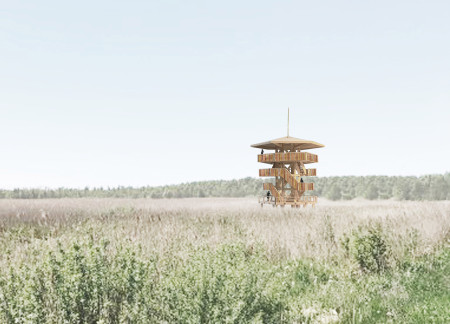 Observation tower featuring cross-laminated timber panels and charred wooden shingles in a culturally rich landscape