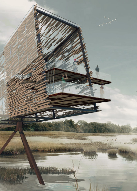 Charred Wooden Shingles and Green Roofs in a Community-Centric Space