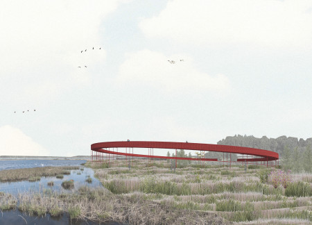 Curved Pathways of Red Paint And Steel Elevation Embrace Birdwatching Experience  