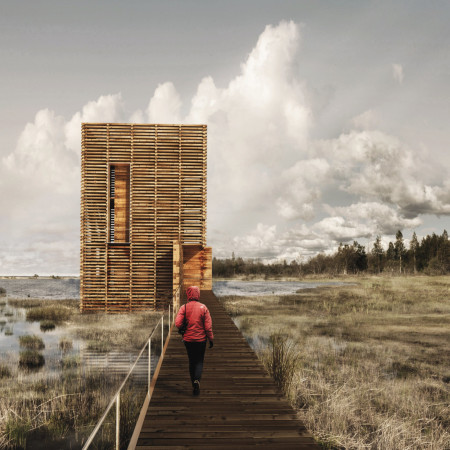 Charred Wooden Shingles and Cross-Laminated Timber in a Marshland Observation Structure