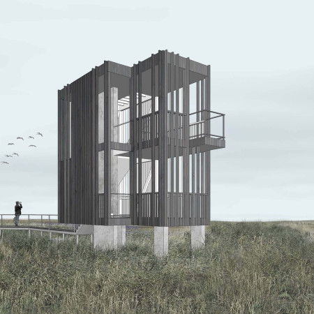 Charred Cedar Structure Elevating Avian Observation in Wetland Environments