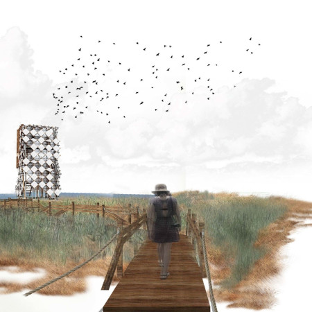 Cross-Stitch Facade of Charred Timber Enhances Birdwatching Experience in Natural Landscape
