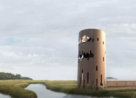 Community hub featuring locally sourced stone and charred wood shingles for enhanced sustainability and aesthetic appeal  