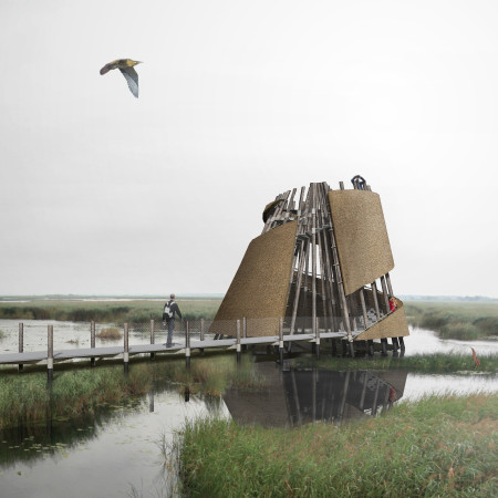 Observation platform featuring a thatched reed roof and natural wood integration in a wetland environment