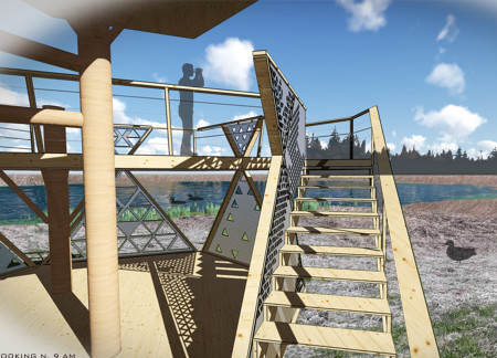 Triangular Structure Composed of Accoya Wood Enhancing Wildlife Observation Within a Natural Habitat  