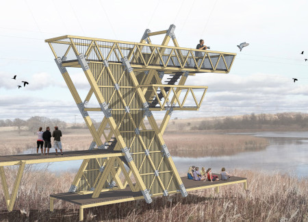 Triangular Timber Structure Elevates Birdwatching Experience in Wetland Habitat