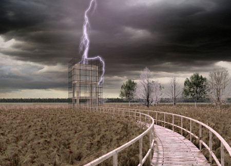Faraday Cage Structure of Galvanized Steel and Timber Offering Shelter From Natural Elements