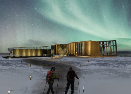 Sustainable lodging featuring cross-laminated timber panels and charred wooden shingles in a breathtaking Icelandic landscape