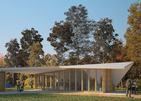 Birch Plywood Canopy Integrates Solar Panels and Rainwater Harvesting In Nature Park Welcome Center