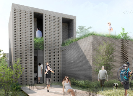 Charred Wooden Shingles Frame A Biophilic Community Hub Emphasizing Natural Ventilation