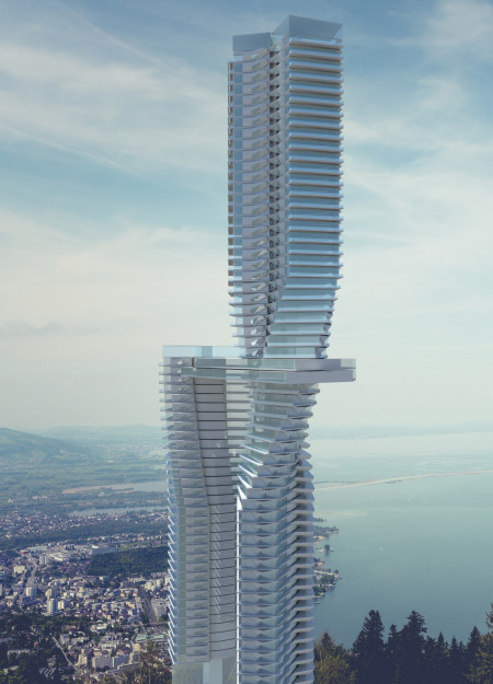 Torqued Glass Facade with Cantilevered Balconies in a Modern Residential Tower  