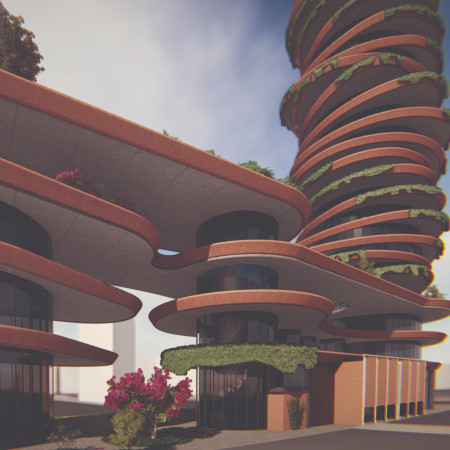 Curvilinear Facades with Sustainable Brick and Transparent Glass in a Vibrant Urban Marketplace  