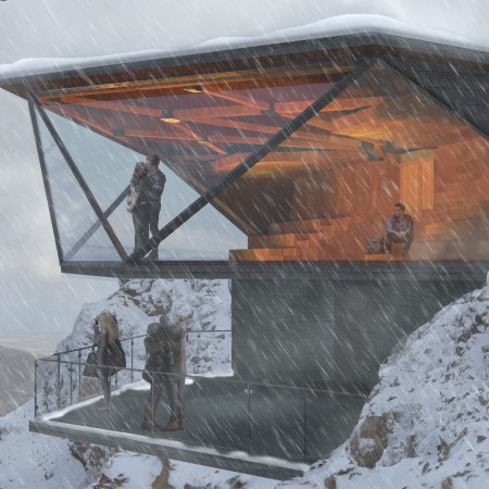 Observation platform featuring volcanic rock and cross-laminated timber integration