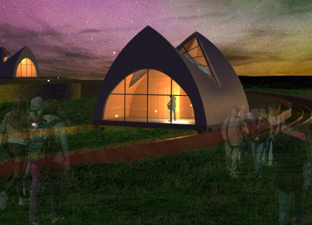 Mobile Guest Accommodations with Polycarbonate and Reinforced Concrete in a Natural Landscape
