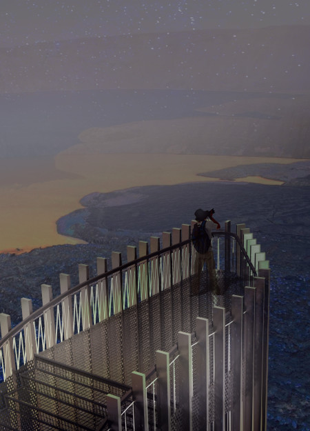Reflective Metal and Perforated Surfaces Enhancing Views in Volcanic Landscape Observation Point