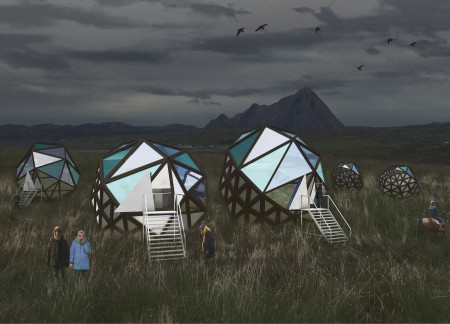 Geodesic Structures Encased in Charred Wood Embracing the Northern Lights Experience  