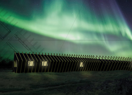 Accommodation designed with cross-laminated timber and charred wooden shingles to harmonize with Iceland's landscape