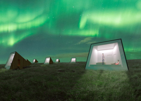Cross-Laminated Timber Cabins With Charred Shingles Offering Panoramic Views of the Northern Lights