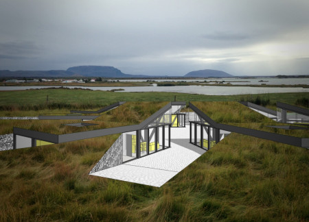 Viewing Retreat with Large Glass Enclosures and Local Stone Integration in the Icelandic Landscape