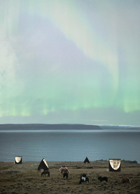 Charred Wooden Shells Embrace Sustainable Living Near Icelandic Landscapes
